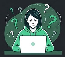Founder with question marks around a laptop
